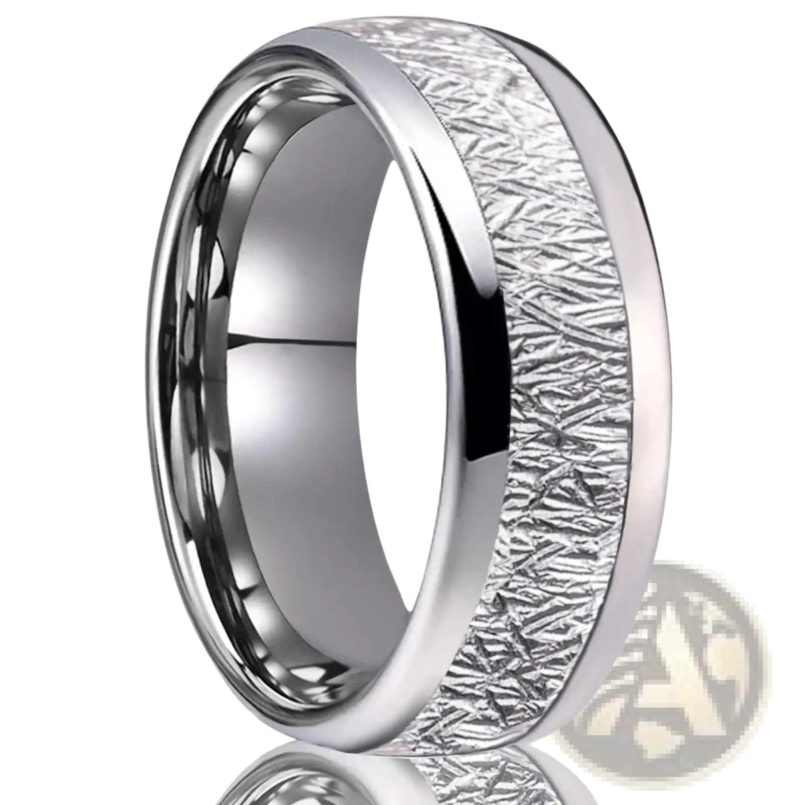A sleek silver men tungsten wedding band with a central textured meteorite pattern inlay ring