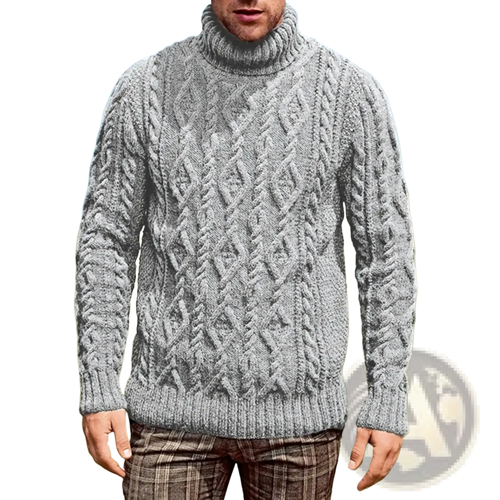 Men turtleneck cable knit sweater in gray with intricate braided patterns and a ribbed hem for warmth and style