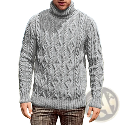 Men turtleneck cable knit sweater in gray with intricate braided patterns and a ribbed hem for warmth and style