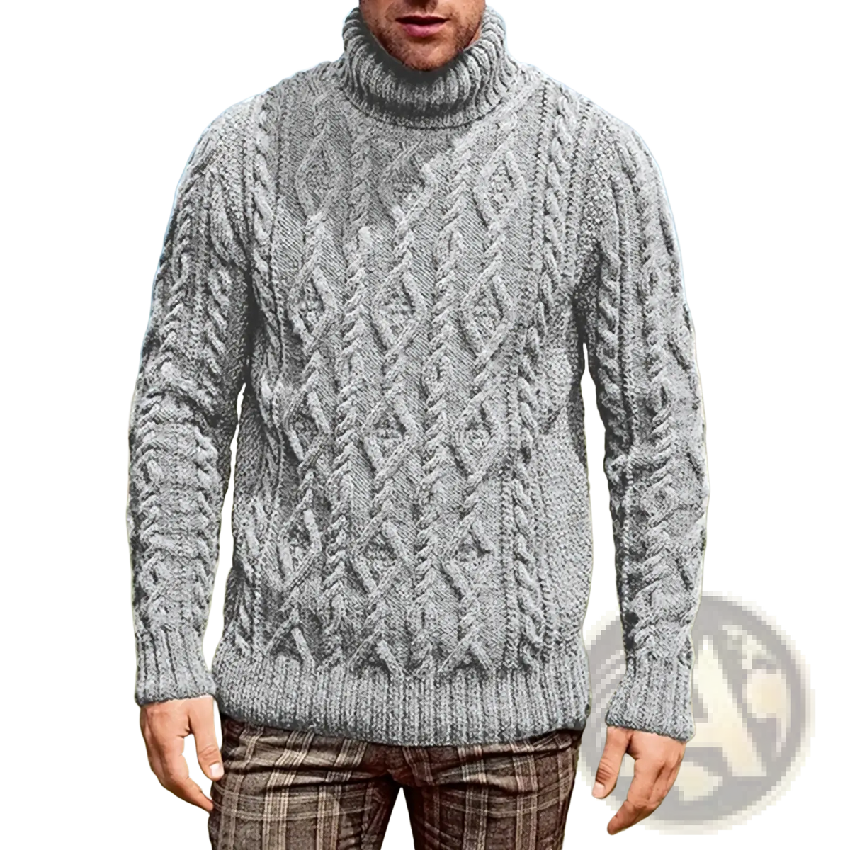 Men turtleneck cable knit sweater in gray with intricate braided patterns and a ribbed hem for warmth and style