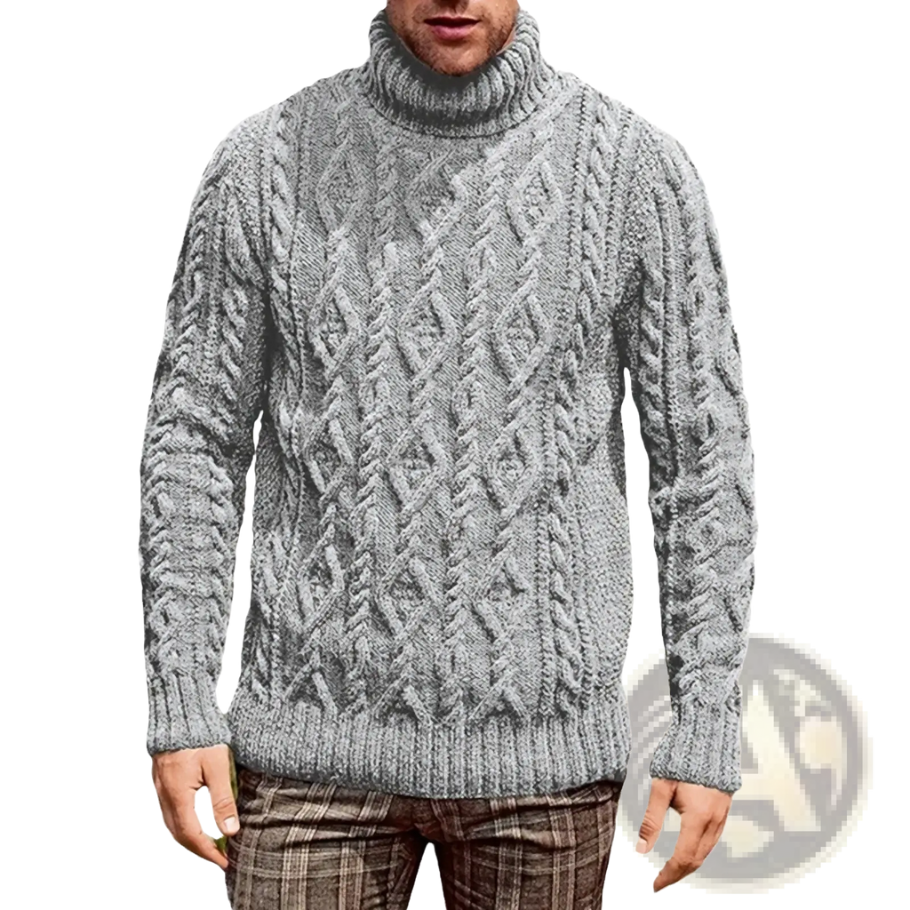 Men turtleneck cable knit sweater in gray featuring a textured diamond pattern and ribbed cuffs