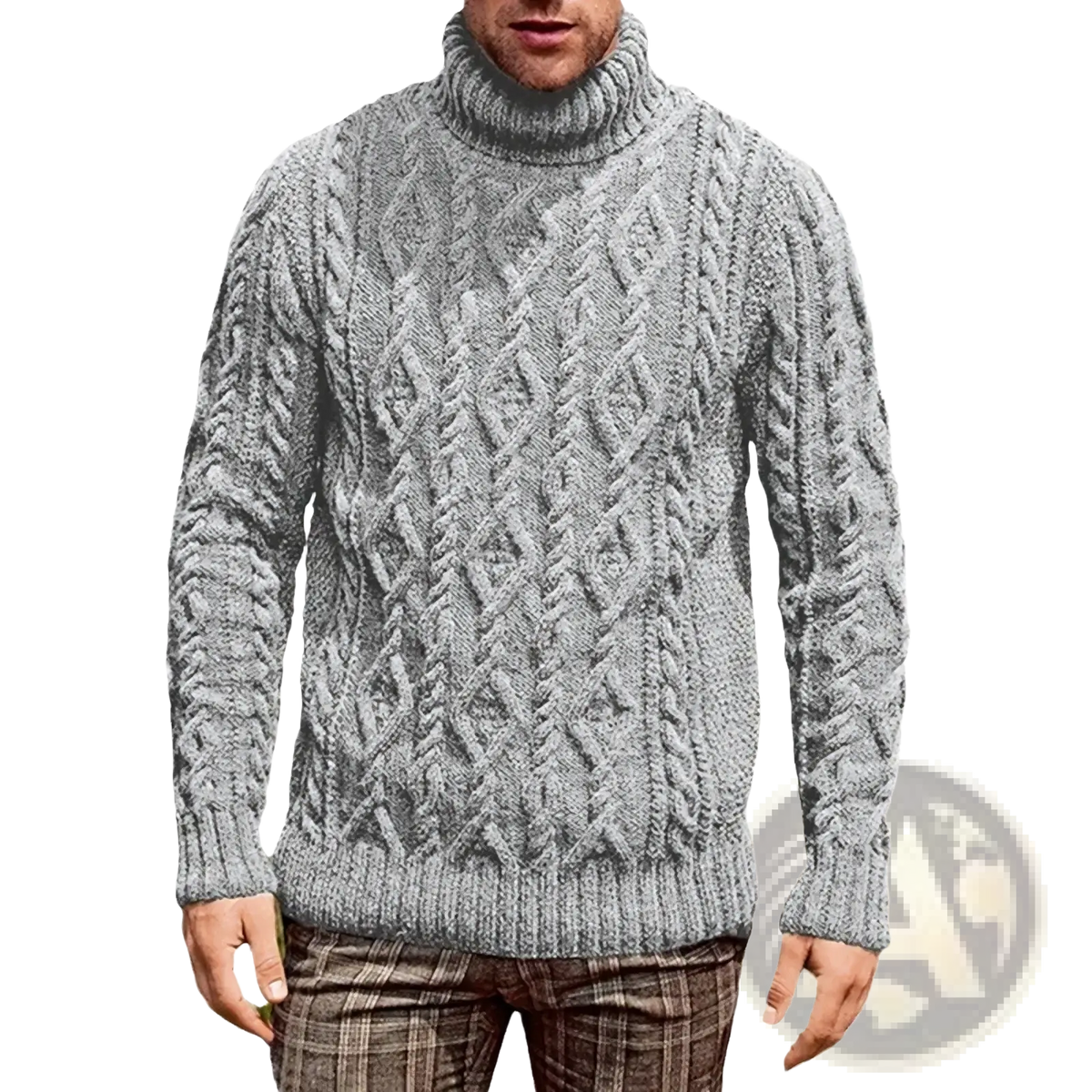 Men turtleneck cable knit sweater in gray featuring a textured diamond pattern and ribbed cuffs