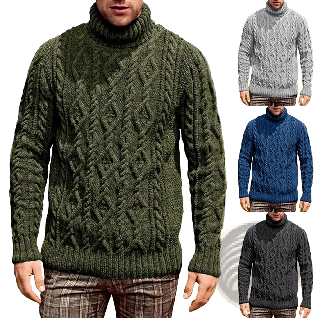 Men turtleneck cable knit sweater in olive green with intricate diamond and braided patterns