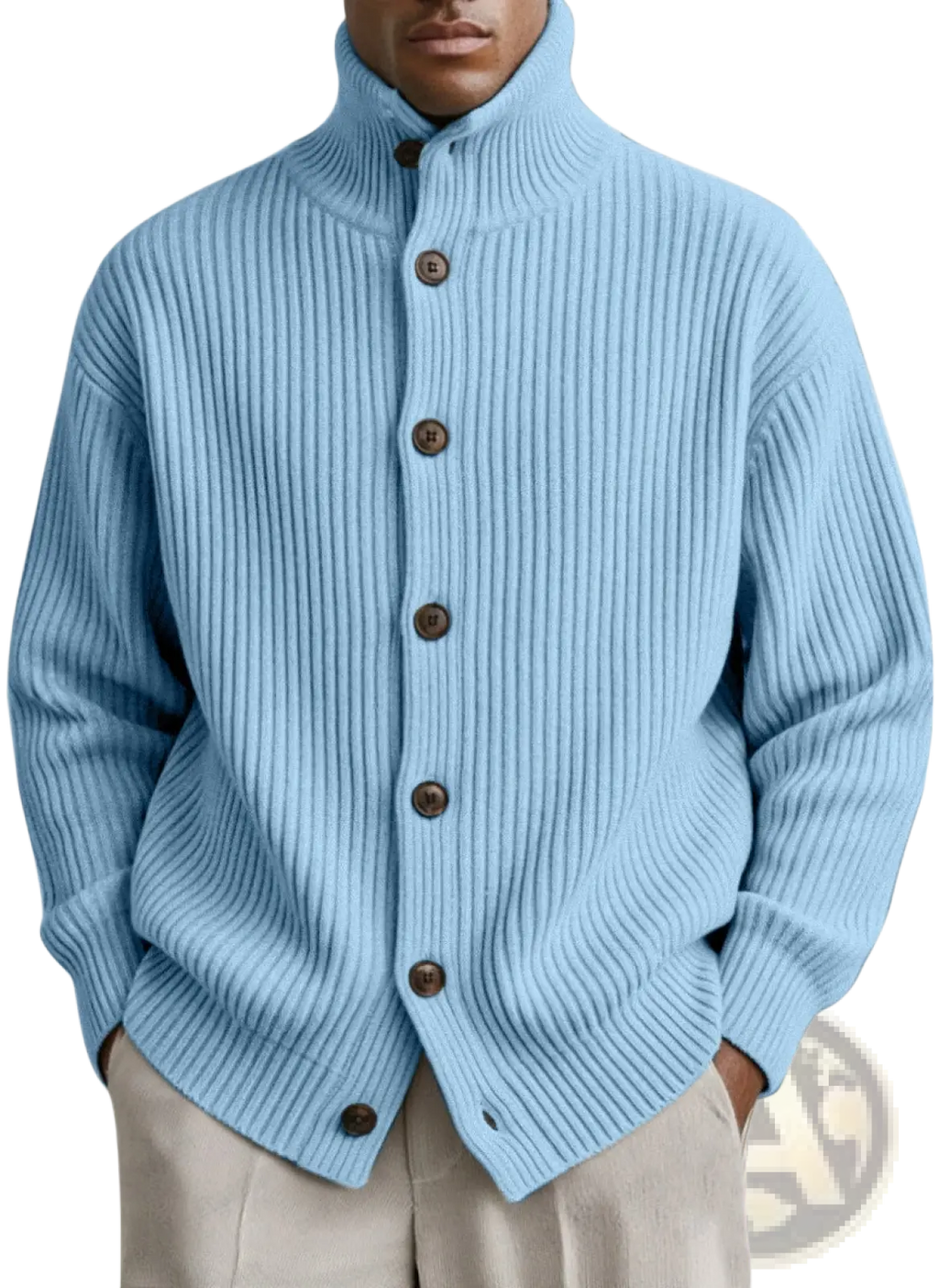 Men turtleneck ribbed knit cardigan coat in light blue with dark brown wooden buttons made of soft knit fabric