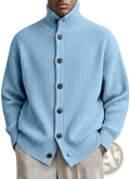 Men turtleneck ribbed knit cardigan coat in light blue with dark brown wooden buttons made of soft knit fabric