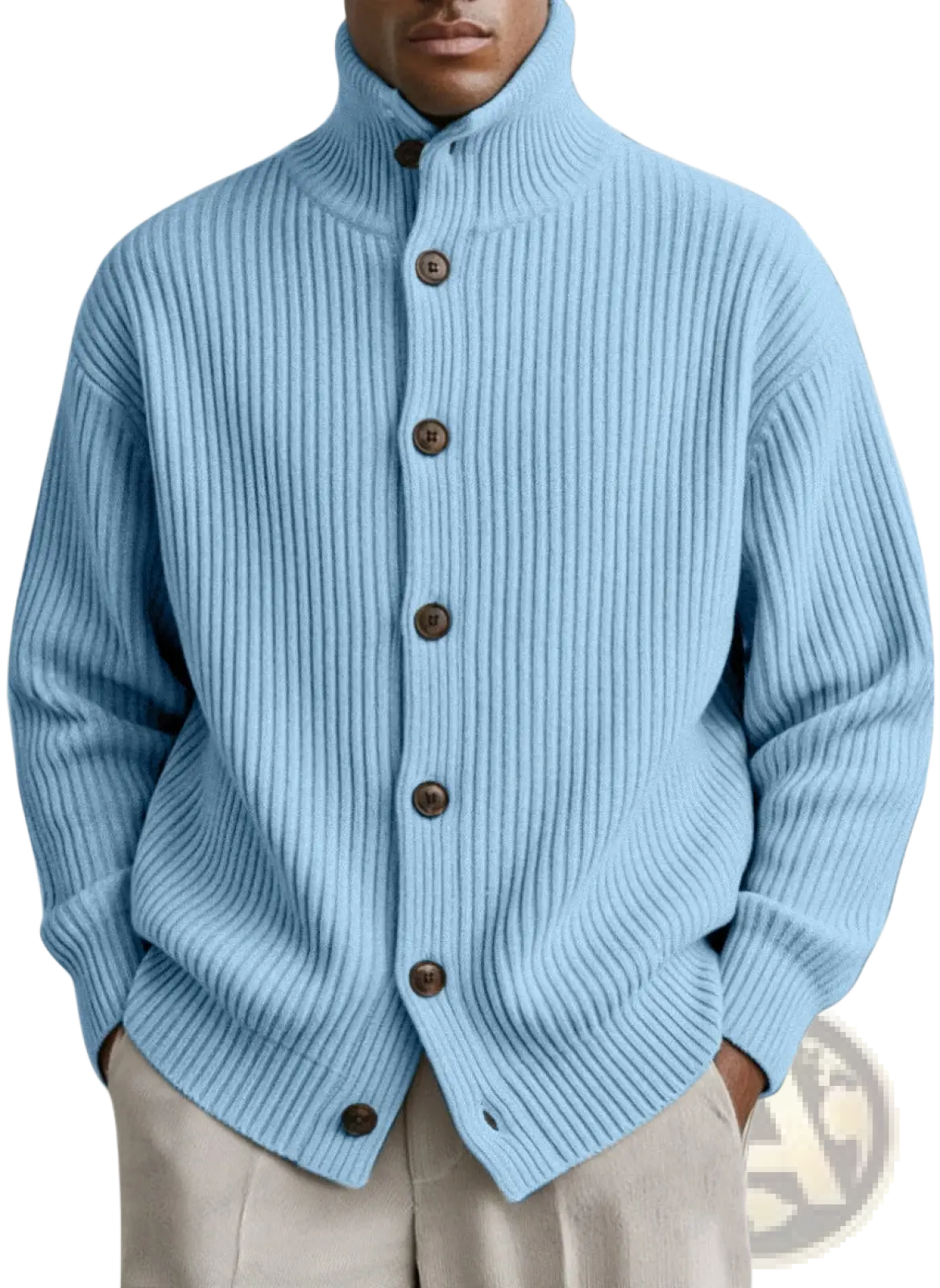 Men turtleneck ribbed knit cardigan coat in light blue with dark brown wooden buttons made of soft knit fabric