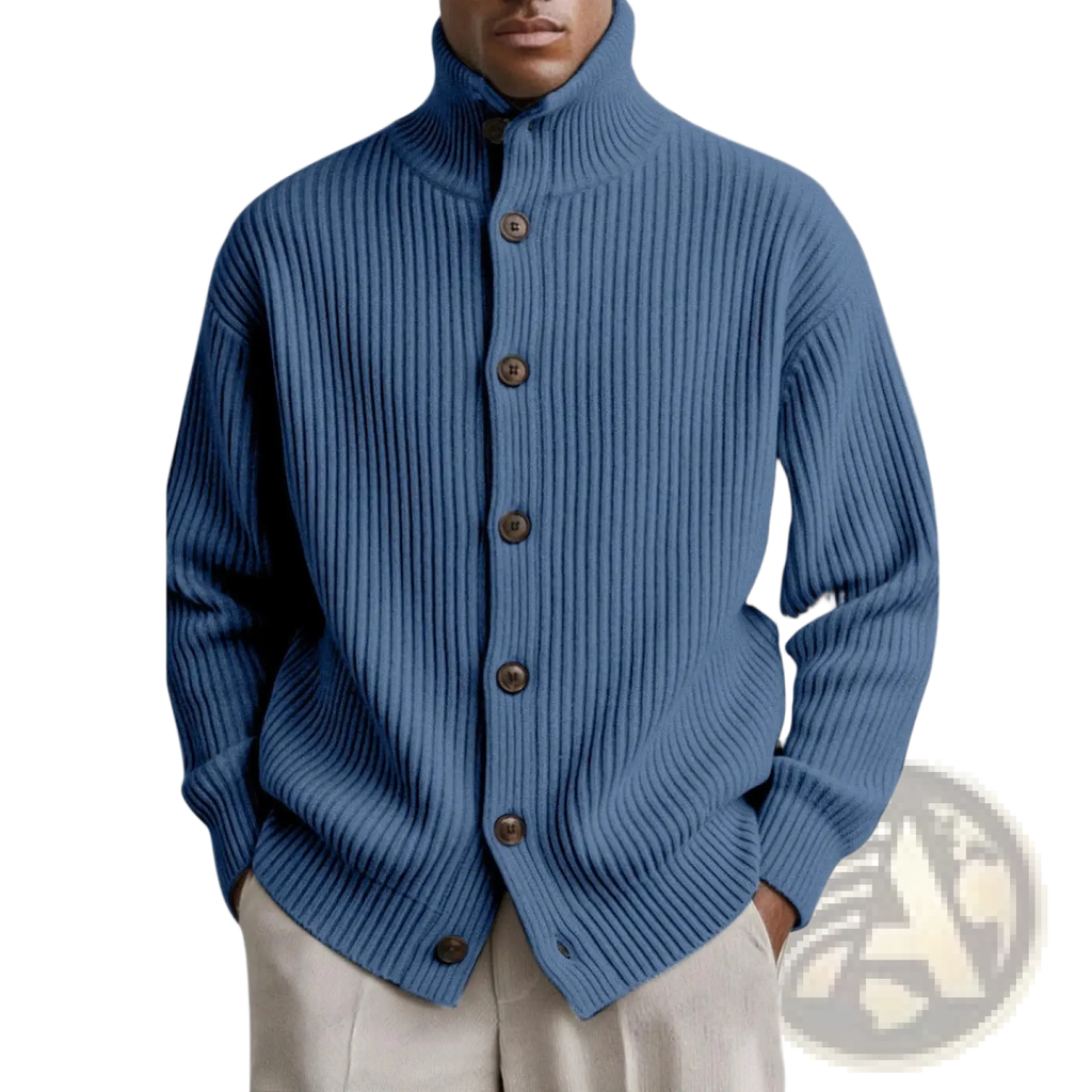 Men turtleneck ribbed knit cardigan coat in blue with high collar and wooden buttons made from ribbed knit fabric