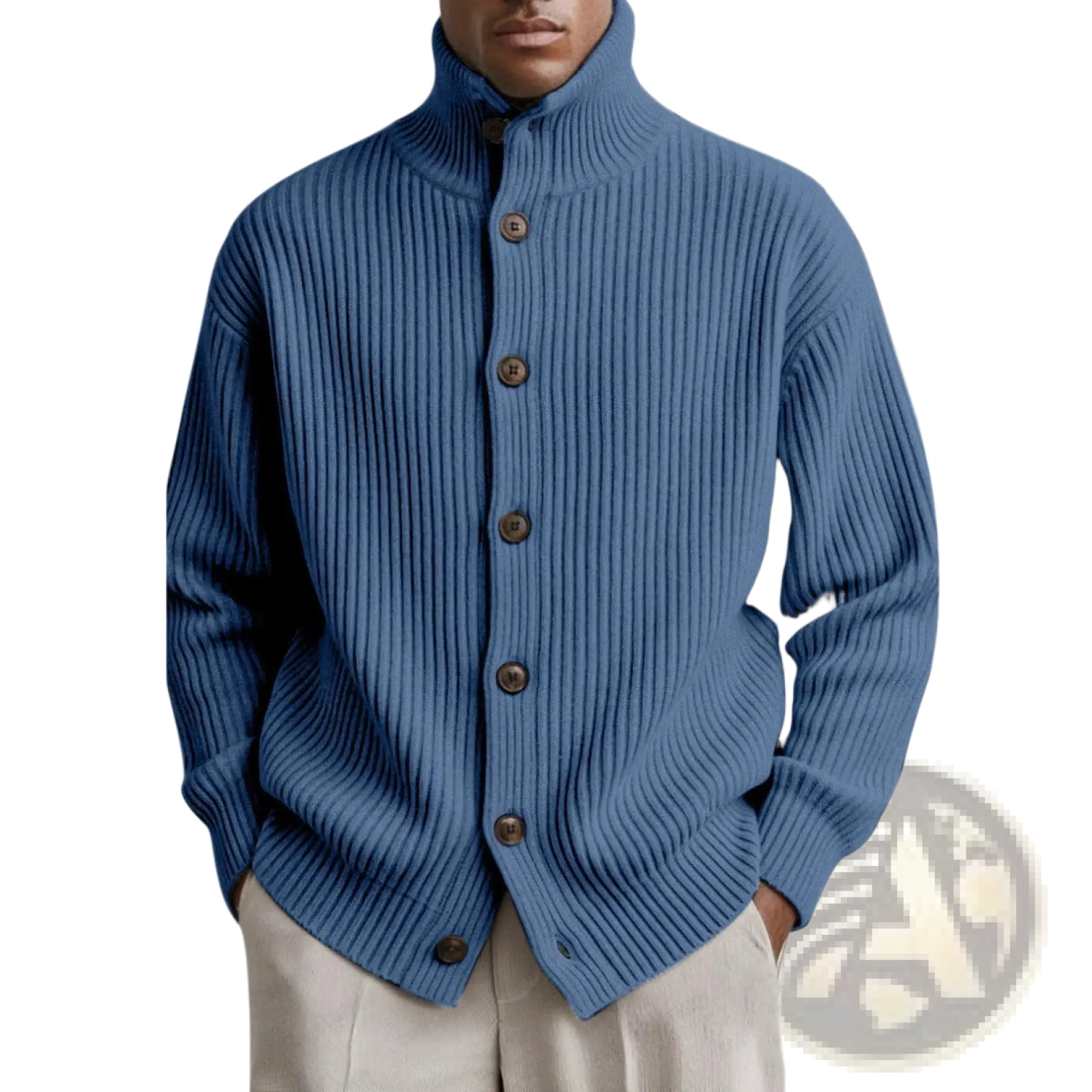 Men turtleneck ribbed knit cardigan coat in blue with high collar and wooden buttons made from ribbed knit fabric