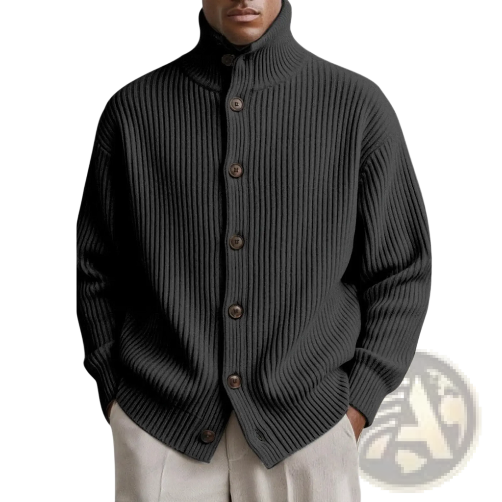 Men turtleneck ribbed knit cardigan coat in dark gray with high collar and wooden buttons made of knit material