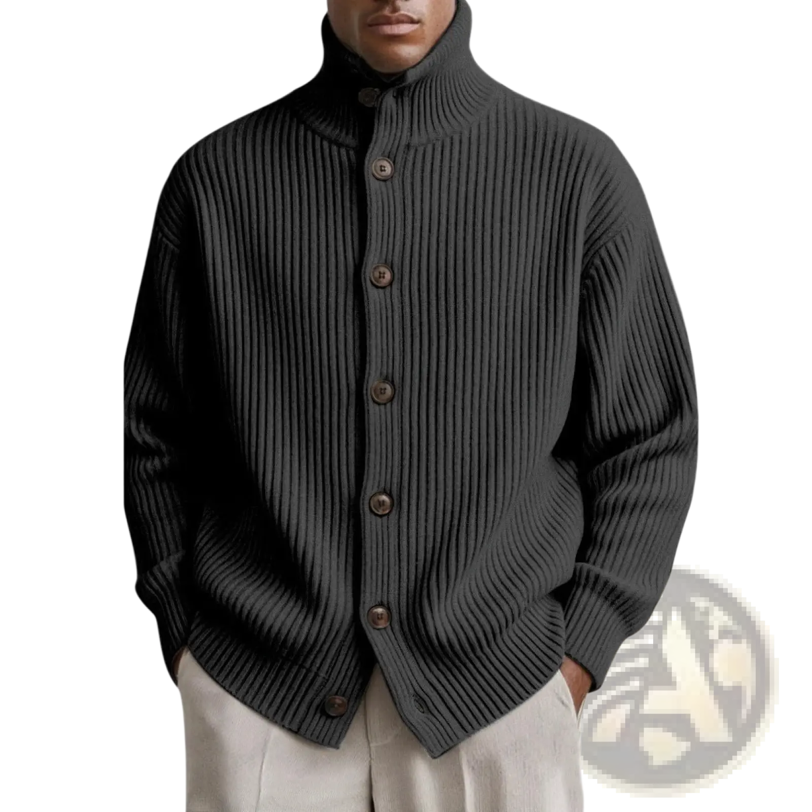 Men turtleneck ribbed knit cardigan coat in dark gray with high collar and wooden buttons made of knit material