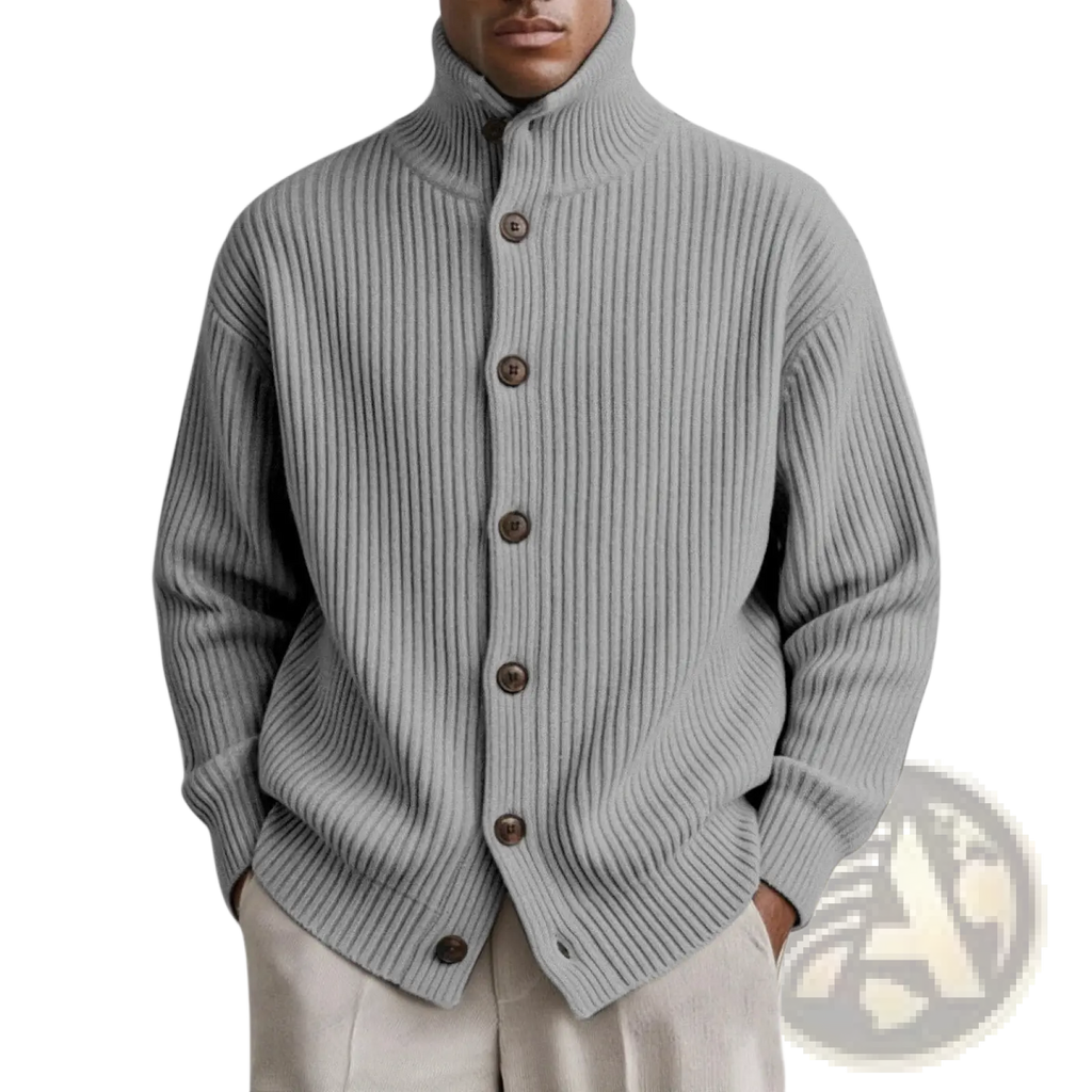 Men turtleneck ribbed knit cardigan coat in gray with high collar and dark brown buttons made of ribbed knit fabric