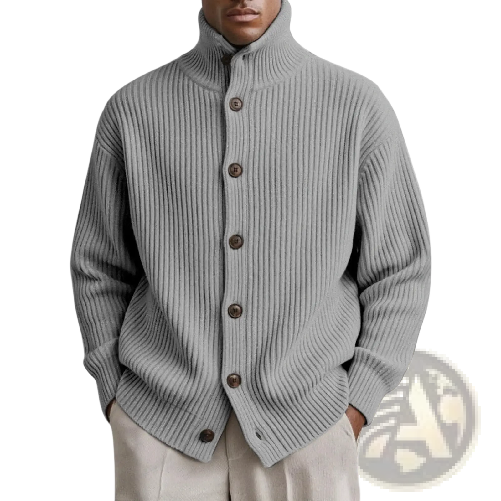 Men turtleneck ribbed knit cardigan coat in gray with high collar and dark brown buttons made of ribbed knit fabric