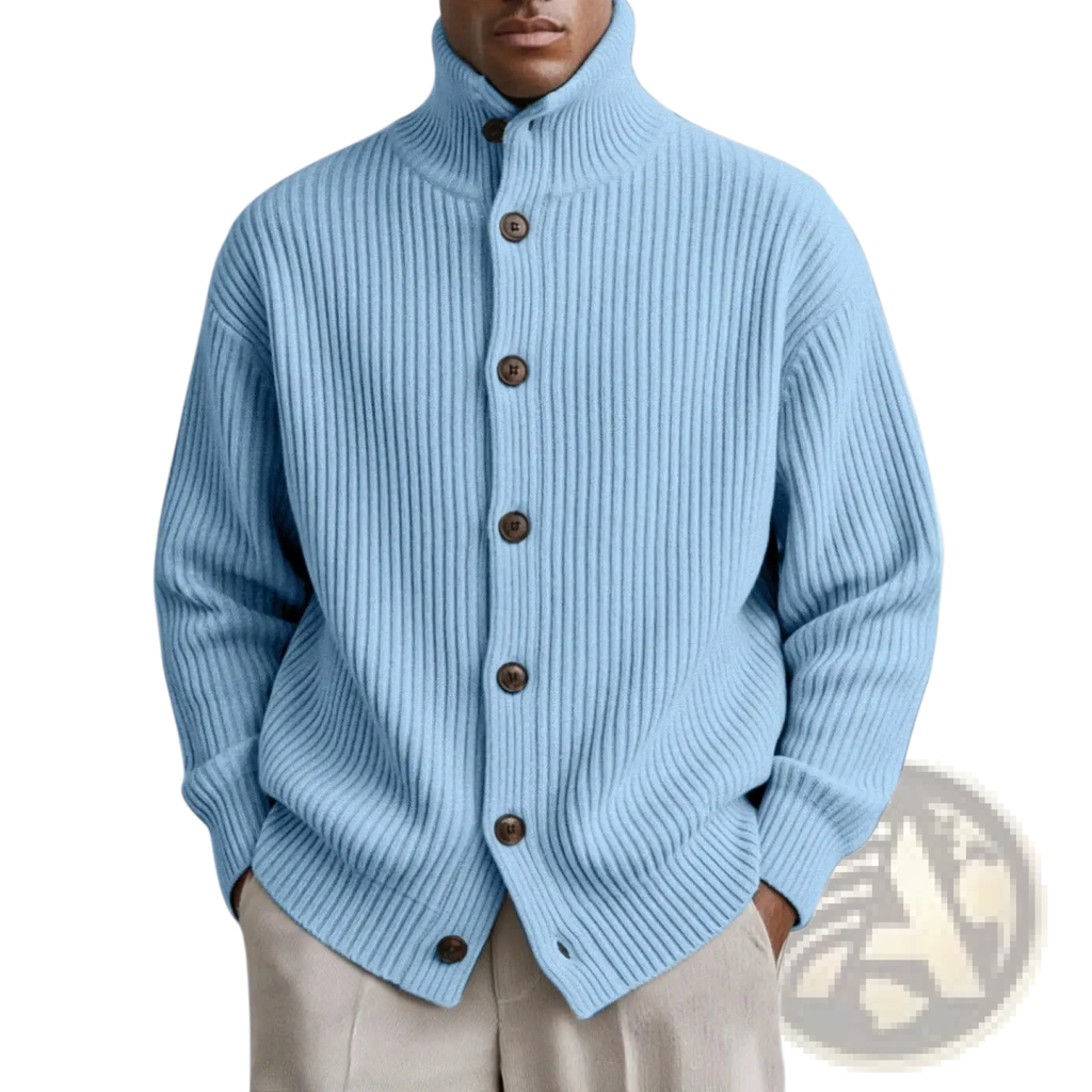 Men turtleneck ribbed knit cardigan coat in light blue with dark brown buttons made of soft knit fabric