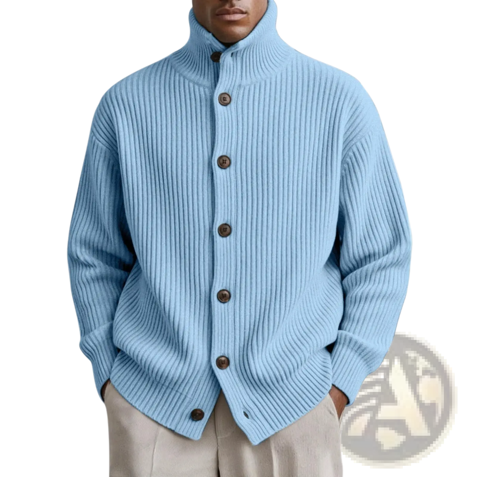 Men turtleneck ribbed knit cardigan coat in light blue with dark brown buttons made of soft knit fabric