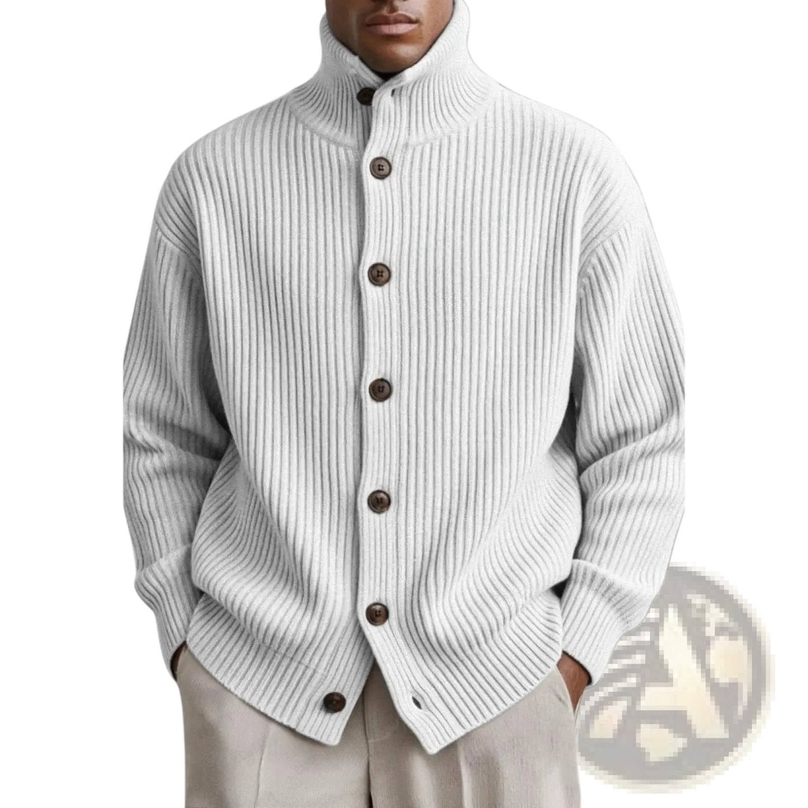 Men turtleneck ribbed knit cardigan coat in light gray with high collar and dark brown buttons