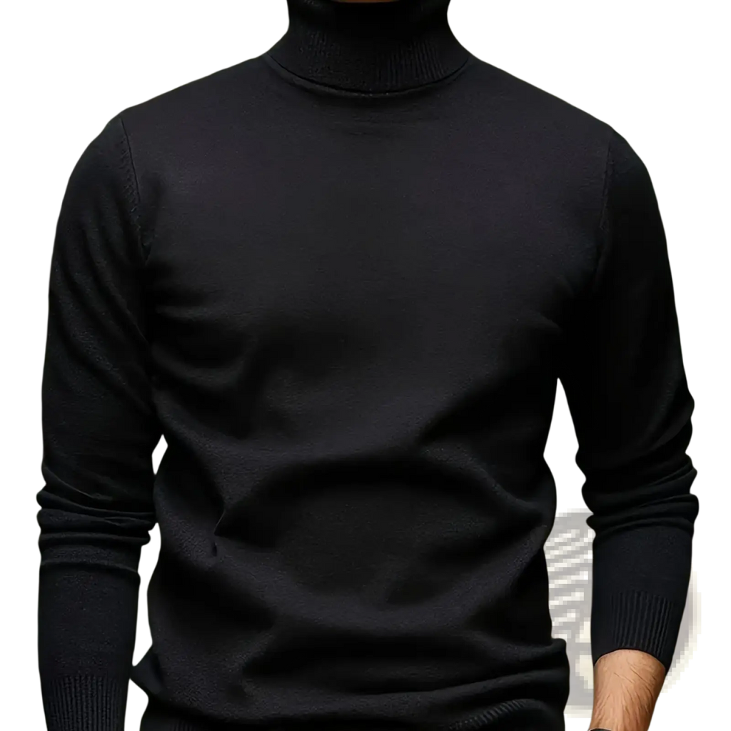 Men turtleneck sweater in black soft viscose knit with smooth ribbed texture and fitted silhouette