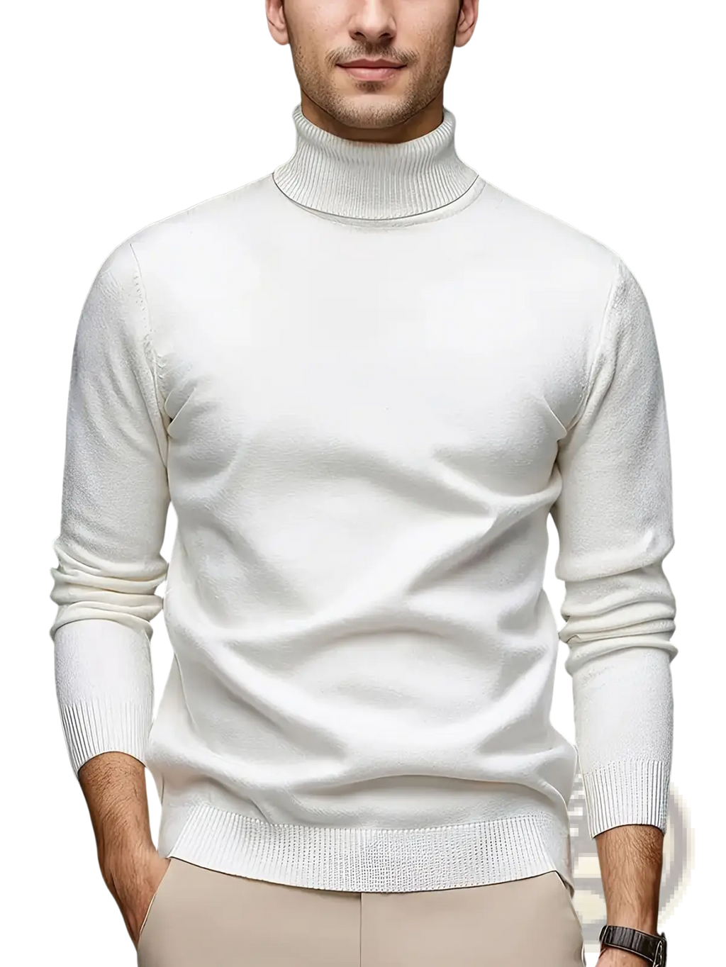 Men turtleneck sweater in off-white soft viscose knit with ribbed cuffs and hem for comfortable wear