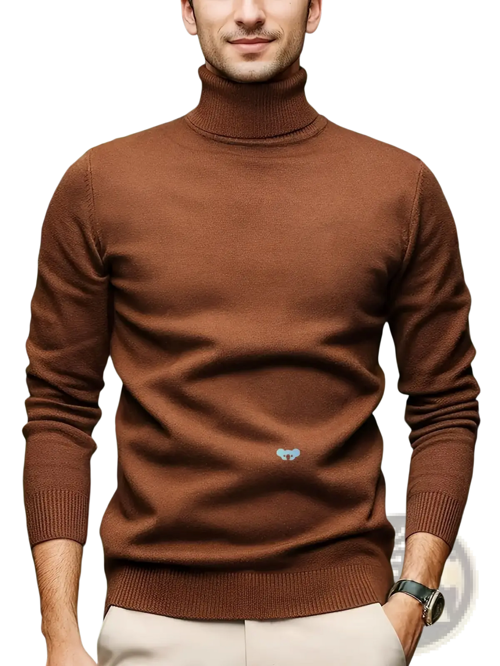 Men turtleneck sweater soft viscose knit pullover in brown with ribbed cuffs and hem and light blue embroidered logo