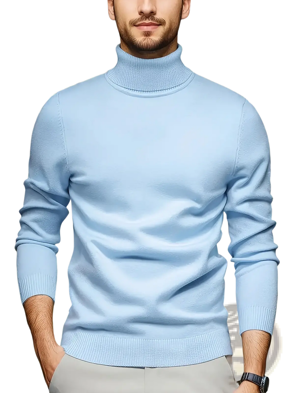 Men turtleneck sweater in light blue finely knitted soft viscose with ribbed cuffs and hem for comfortable wear