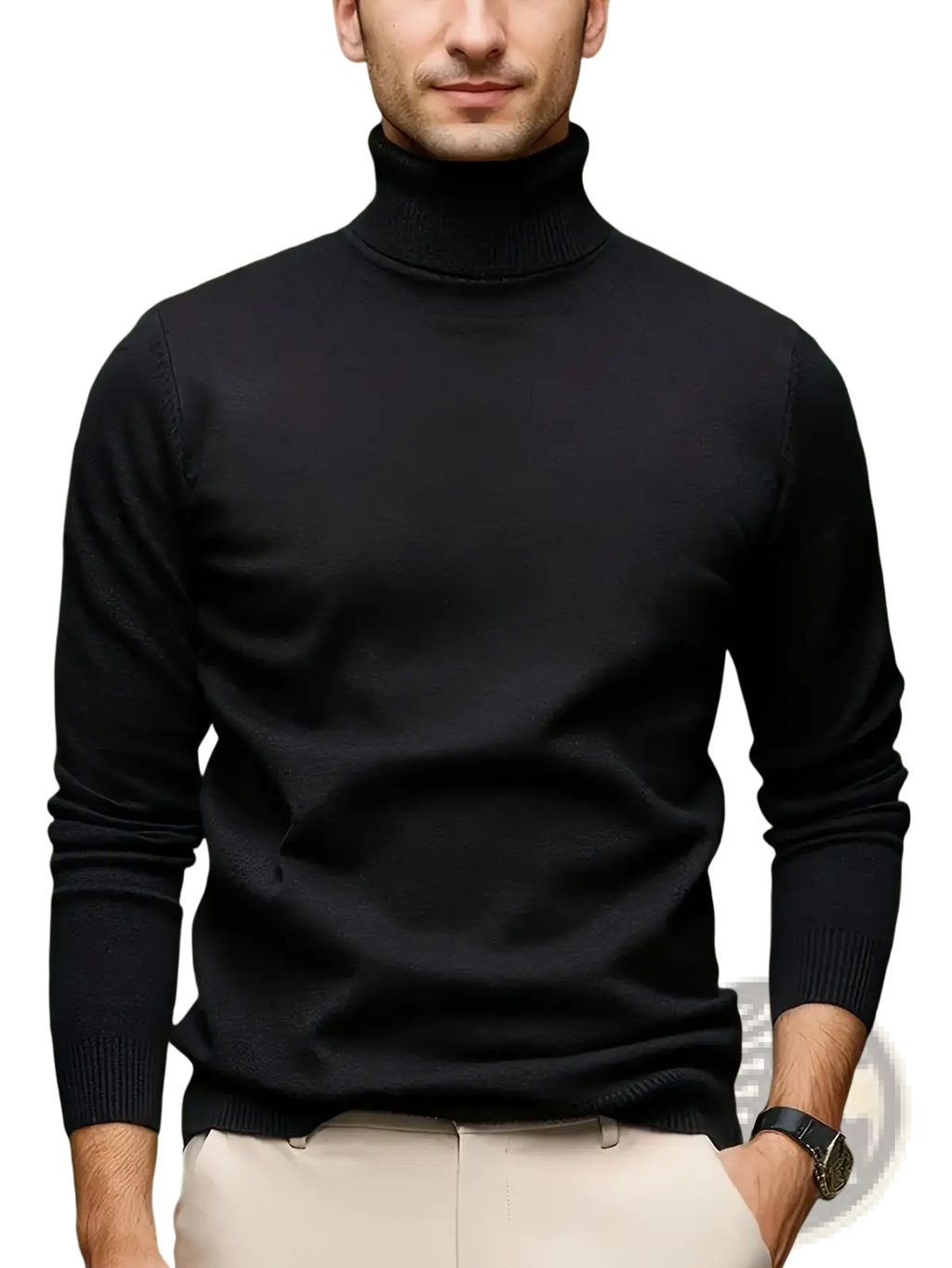 Men turtleneck sweater in black soft viscose knit with ribbed cuffs and hem for comfortable wear