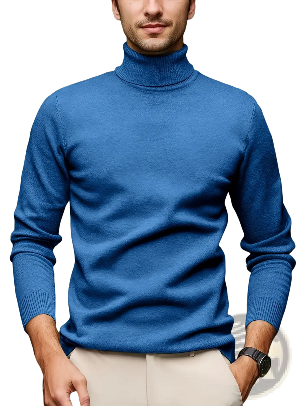 Men turtleneck sweater in rich royal blue with soft viscose knit and ribbed cuffs featuring a smooth texture