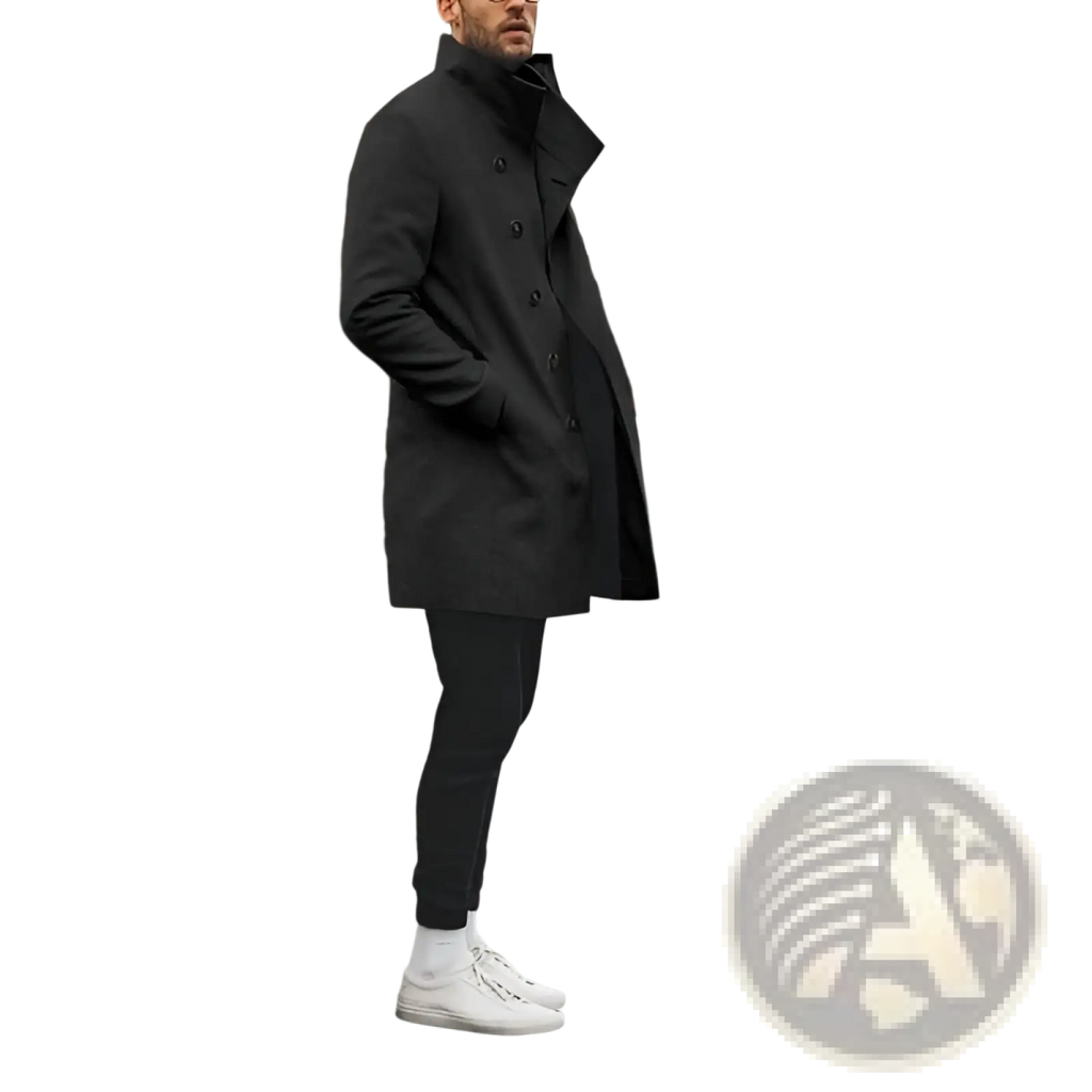 Black double-breasted wool trench coat with high collar and buttoned front for men casual jacket use