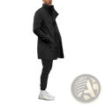 Black double-breasted wool trench coat with high collar and buttoned front for men casual jacket use