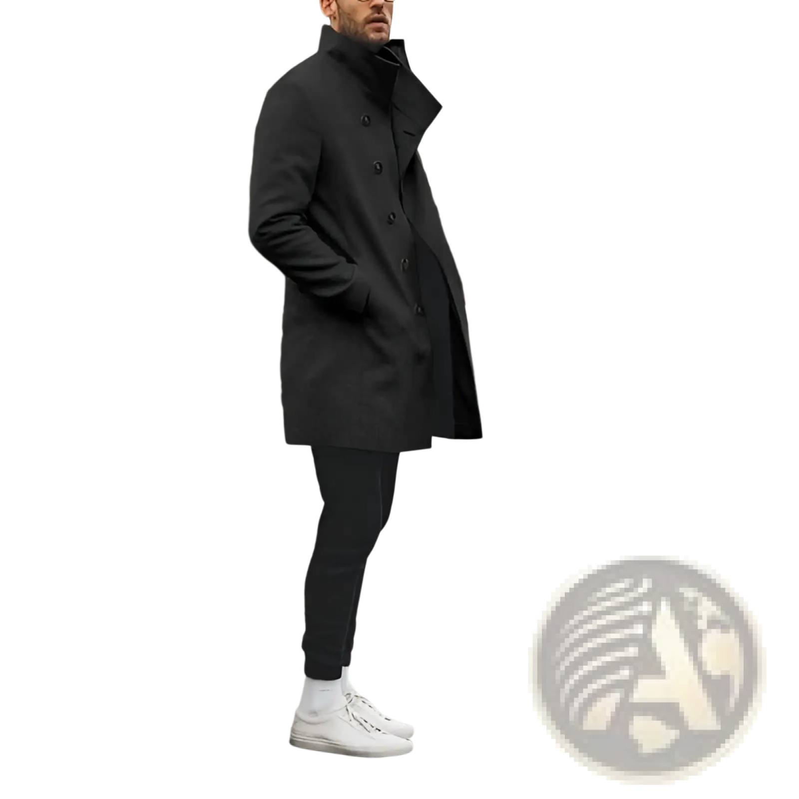 Black double-breasted wool trench coat with high collar and buttoned front for men casual jacket use