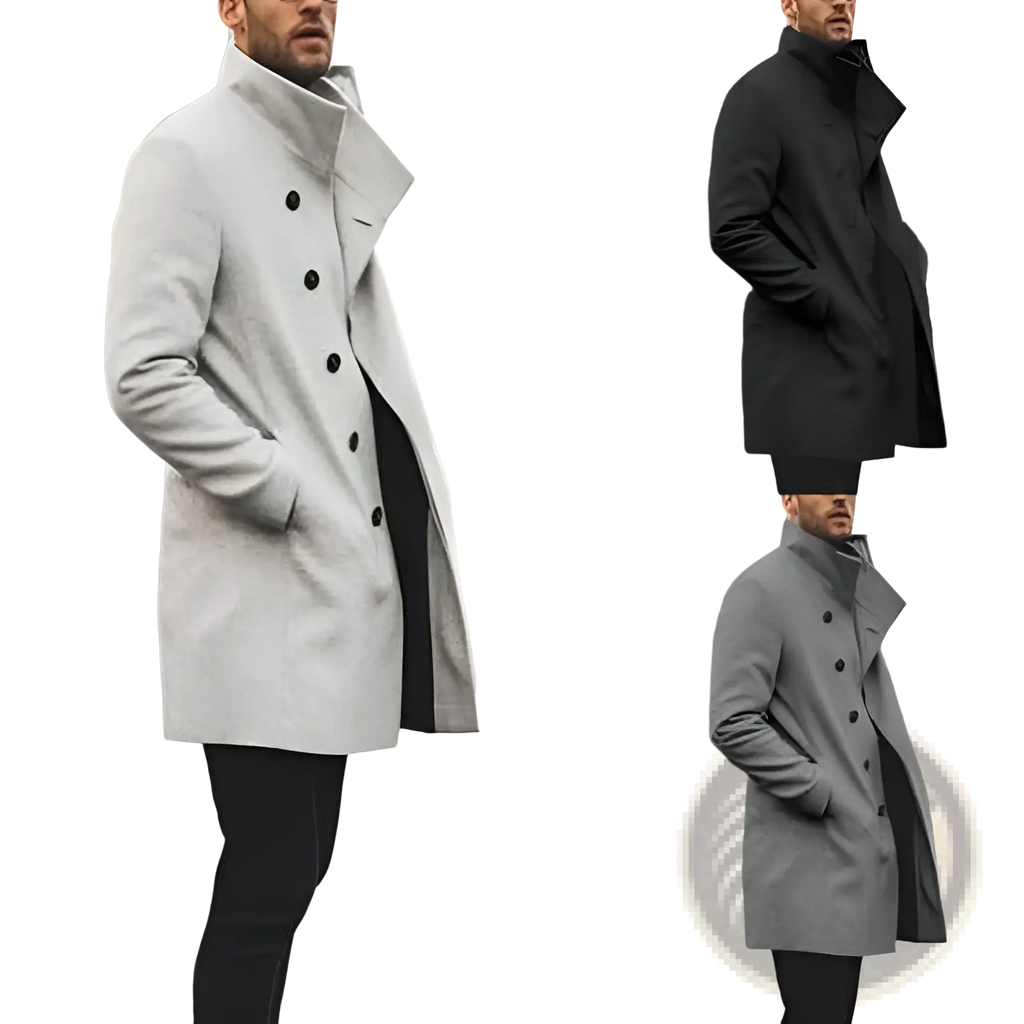 Men tweed trench coat casual jacket with stand collar in light gray, black, or dark gray double-breasted overcoat