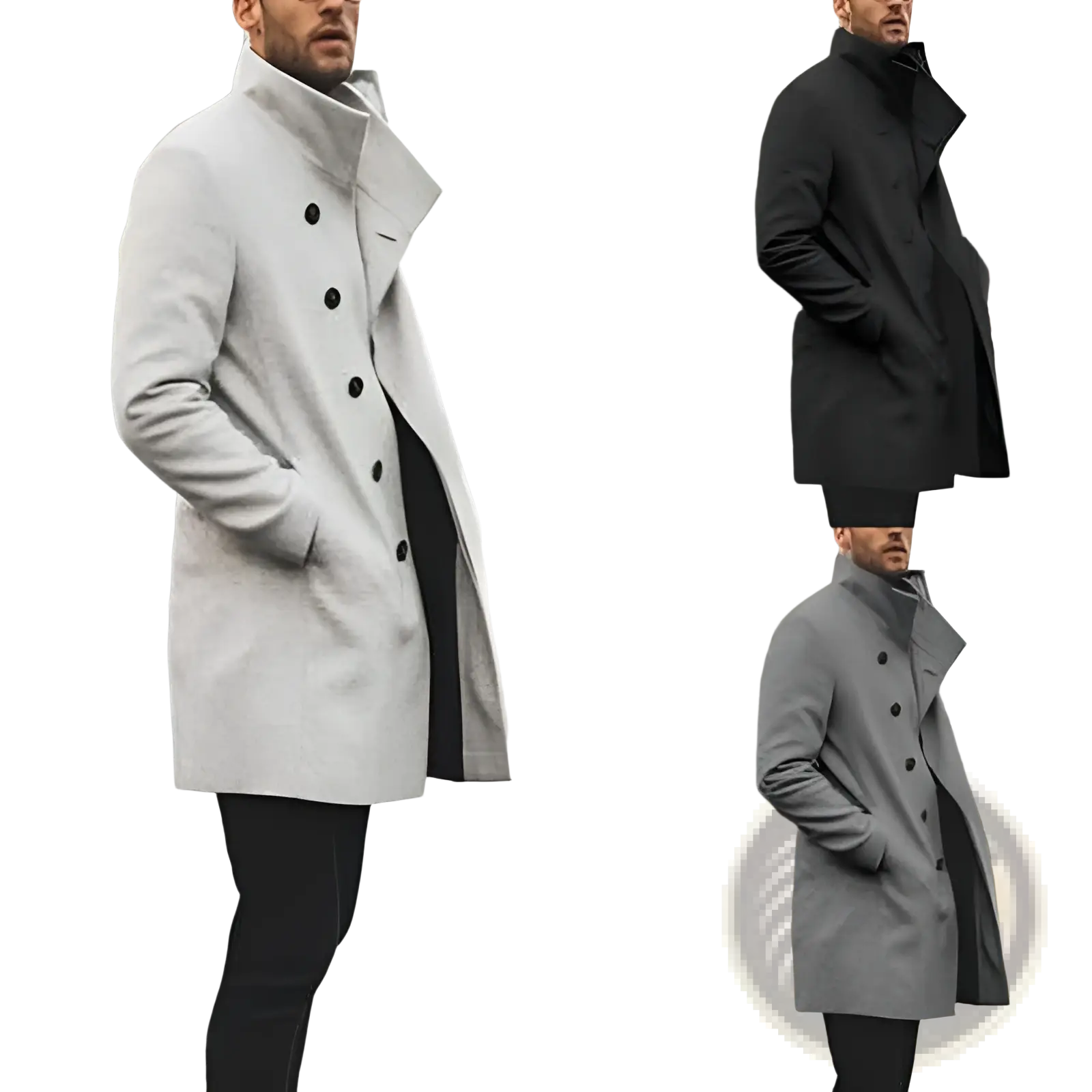 Men tweed trench coat casual jacket with stand collar in light gray, black, or dark gray double-breasted overcoat