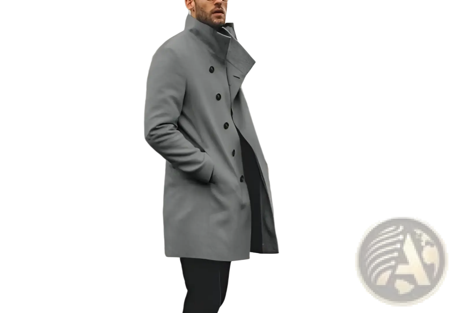 Men tweed trench coat charcoal-gray wool overcoat with classic double-breasted design and black buttons for casual wear