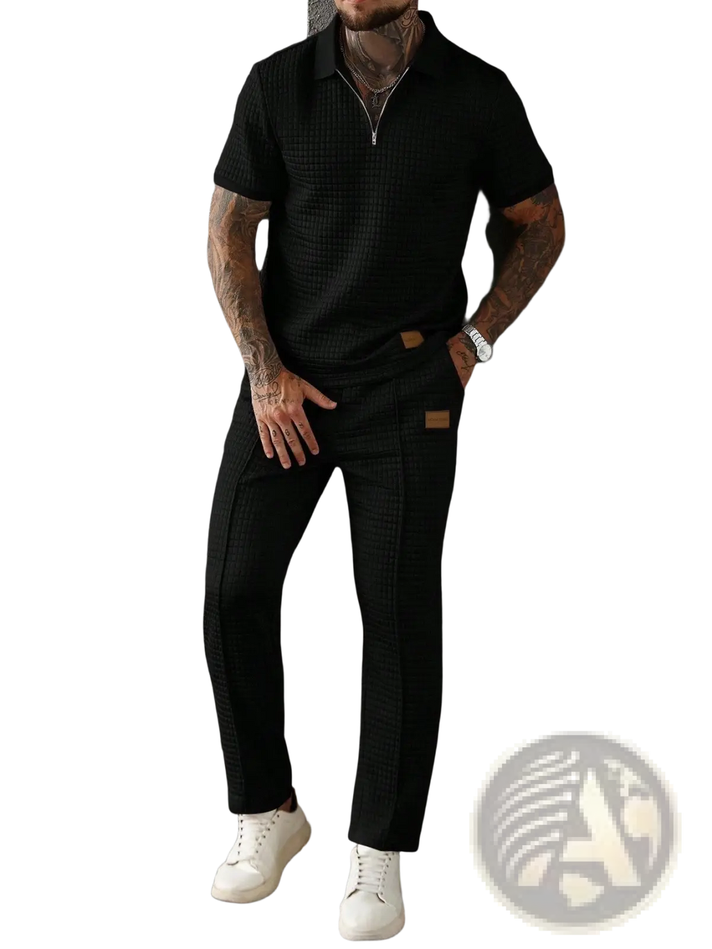 Men two piece zip polo outfit featuring a black textured polo shirt with zipper collar and black trousers with brown leather patches