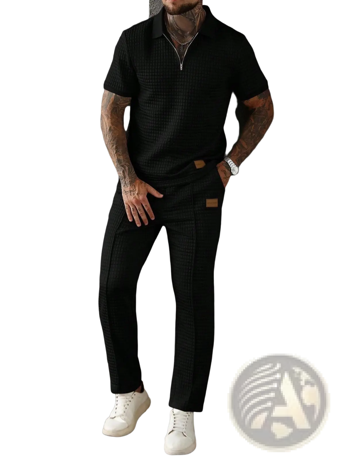 Men two piece zip polo outfit featuring a black textured polo shirt with zipper collar and black trousers with brown leather patches
