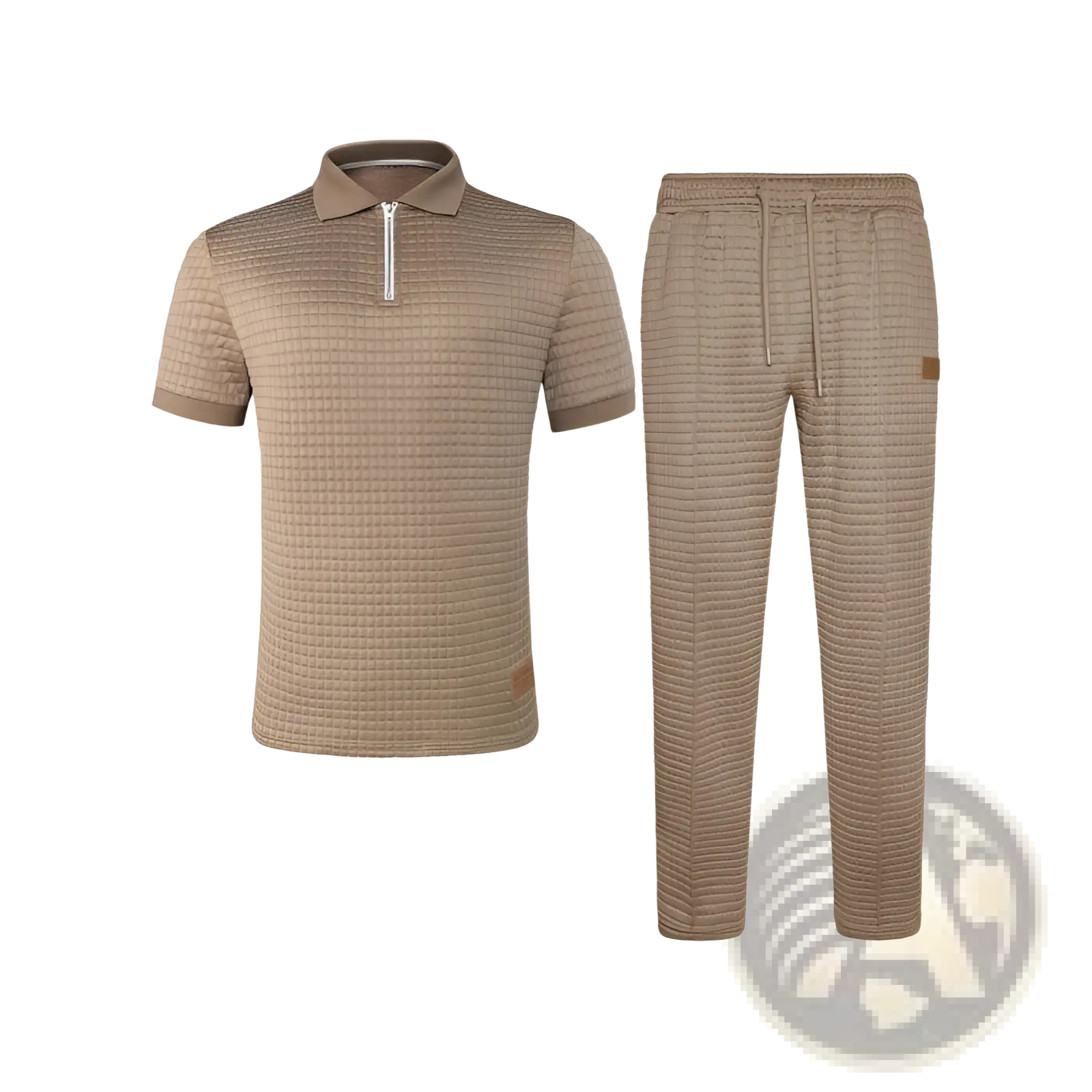 Men two piece zip polo outfit in beige quilted fabric with subtle grid pattern featuring polo shirt and matching pants