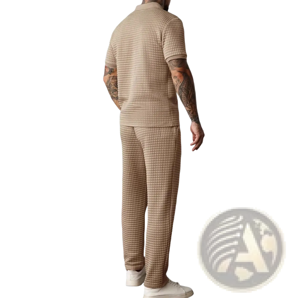Beige textured men two piece zip polo outfit with short sleeves and matching pants set in soft fabric