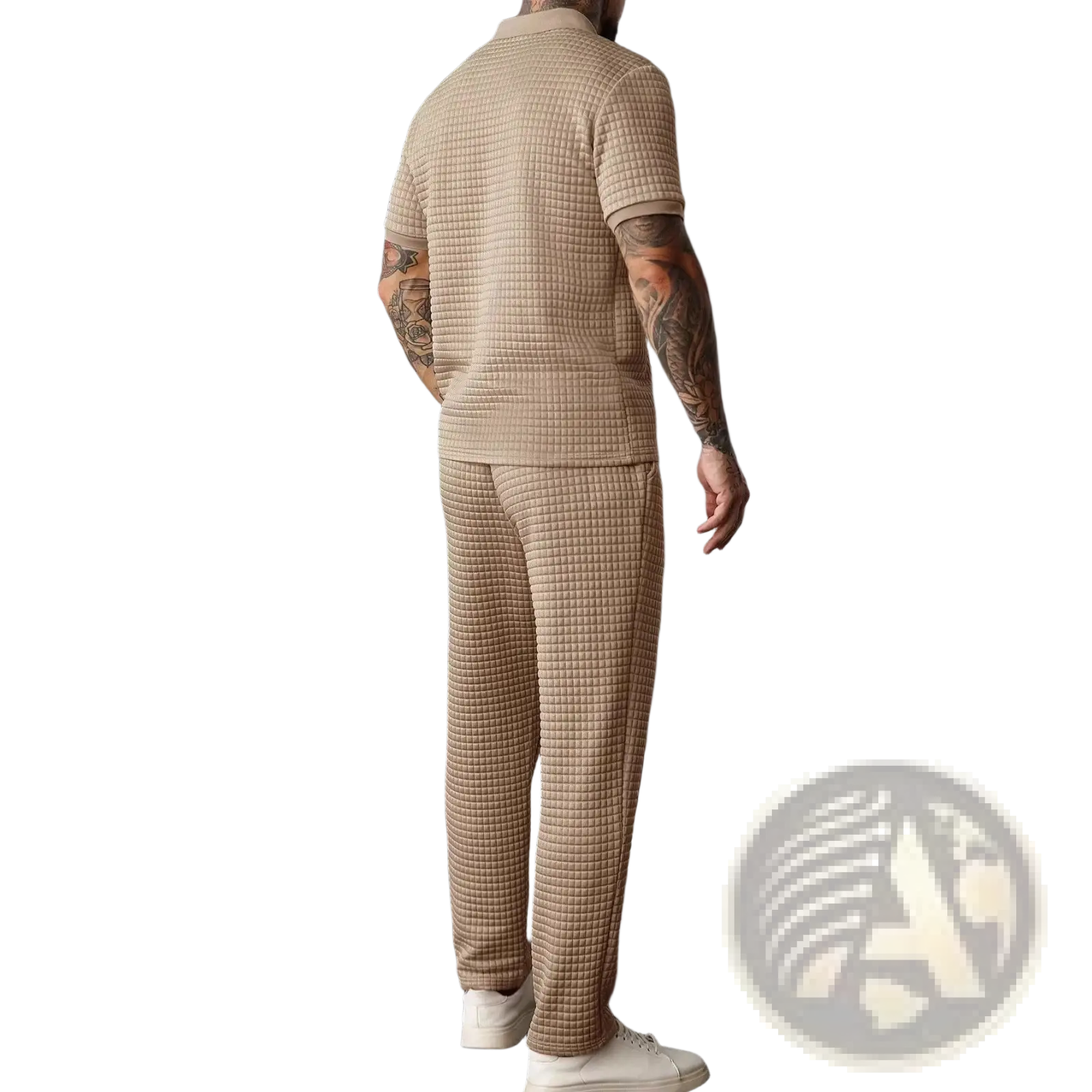 Beige textured men two piece zip polo outfit with short sleeves and matching pants set in soft fabric