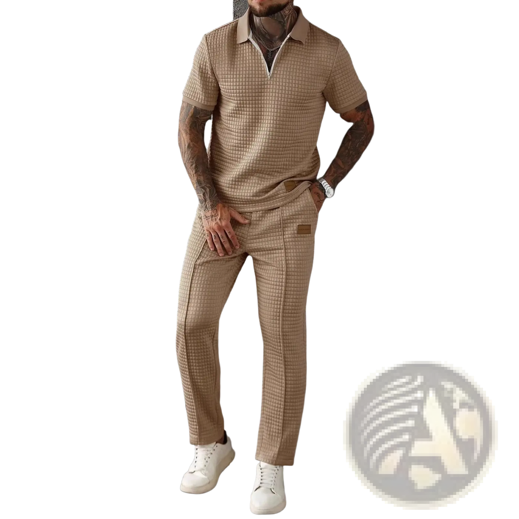Men two piece zip polo outfit featuring a beige textured polo shirt with subtle grid pattern and matching trousers