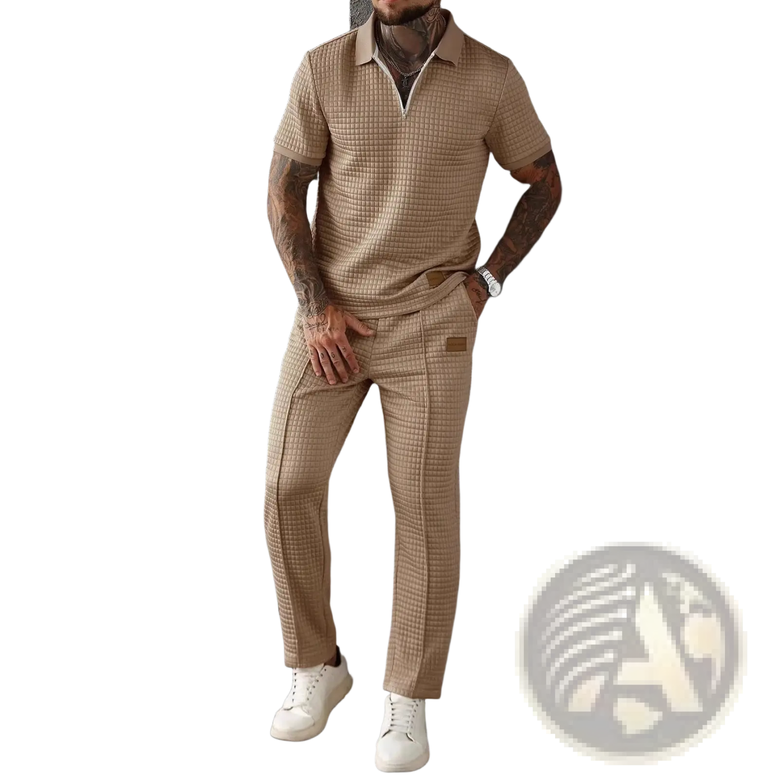 Men two piece zip polo outfit featuring a beige textured polo shirt with subtle grid pattern and matching trousers