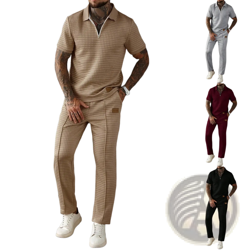 Men two piece zip polo outfit featuring a beige quilted textured polo shirt and matching trousers set