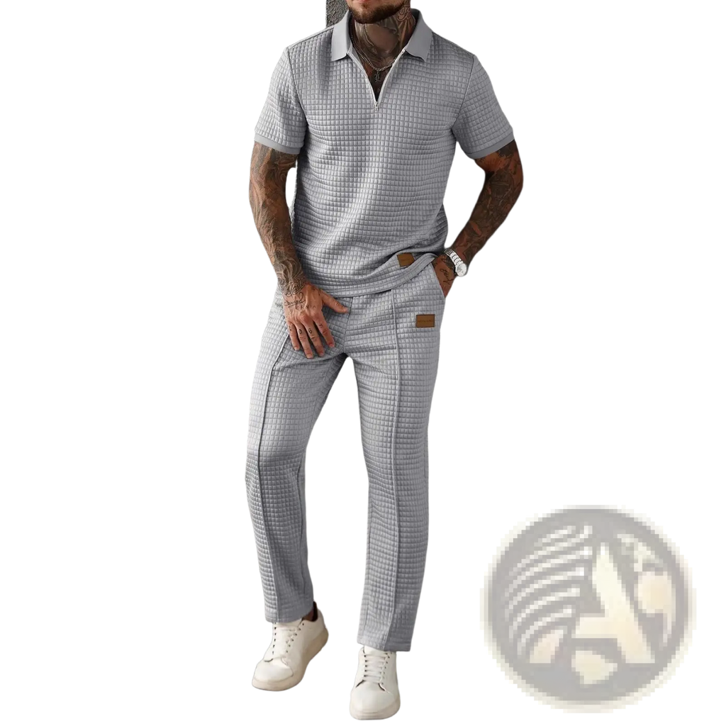 Men two piece zip polo outfit featuring a gray textured short sleeve polo shirt with collar and zip detail