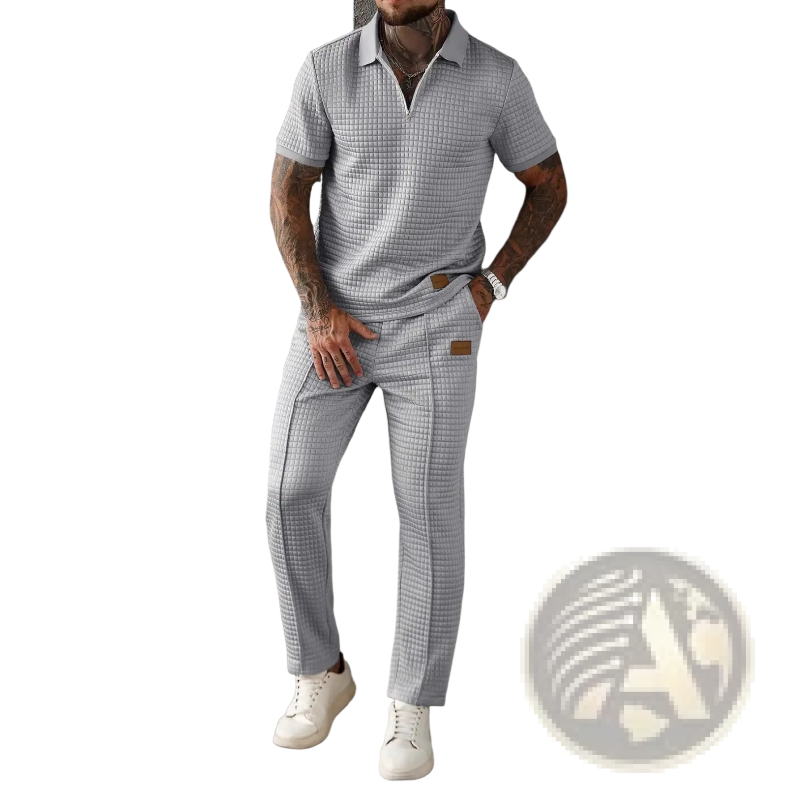 Men two piece zip polo outfit featuring a gray textured short sleeve polo shirt with collar and zip detail
