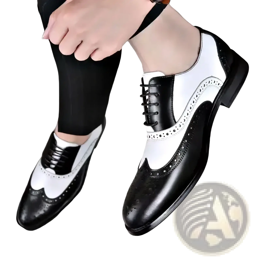 Men two-tone brogue oxford dress shoes in black and white with perforated detailing and classic leather construction