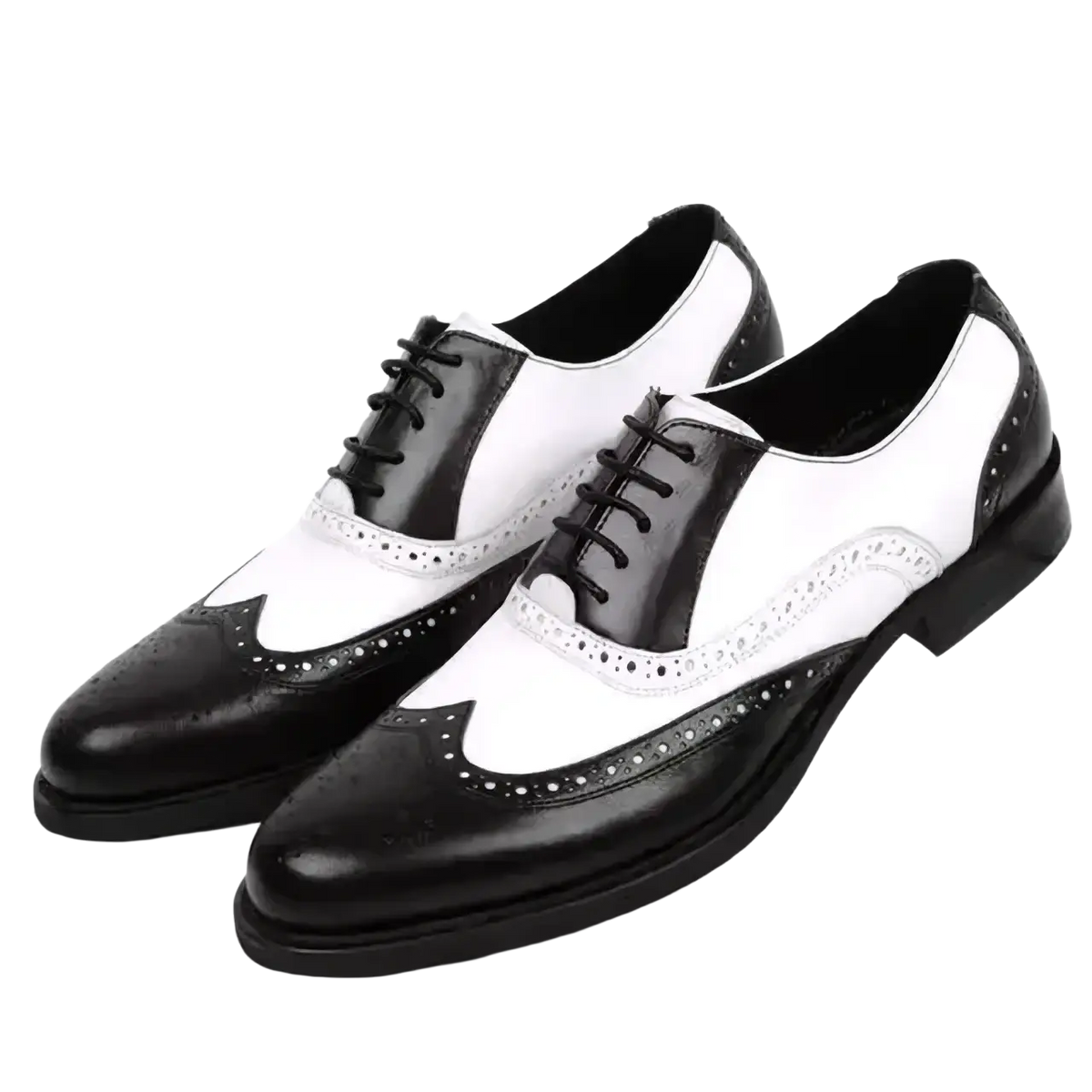 Men two-tone brogue Oxford dress shoes in black and white leather with perforated detailing for formal wear