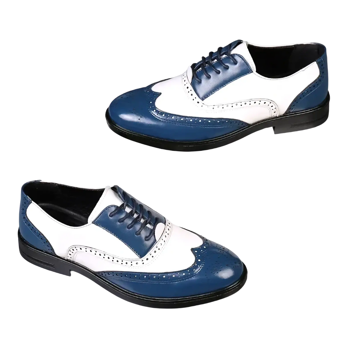 Men two-tone brogue oxford dress shoes in blue and white leather with black laces and classic wingtip design
