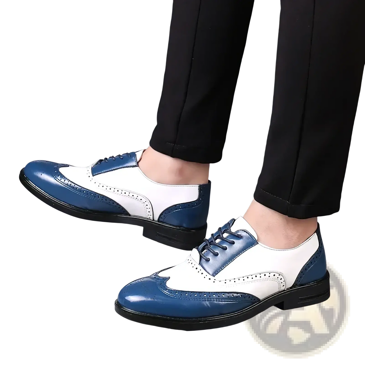 Men two-tone brogue oxford dress shoes in blue and white leather with black laces for formal occasions