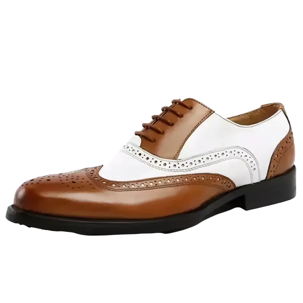 Men two-tone brogue oxford dress shoes in brown and white leather with perforated detailing for formal wear