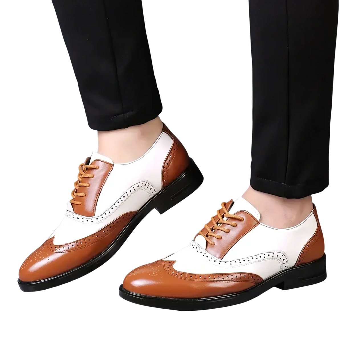 Men two-tone brogue oxford dress shoes in brown and white leather with tan laces for formal occasions