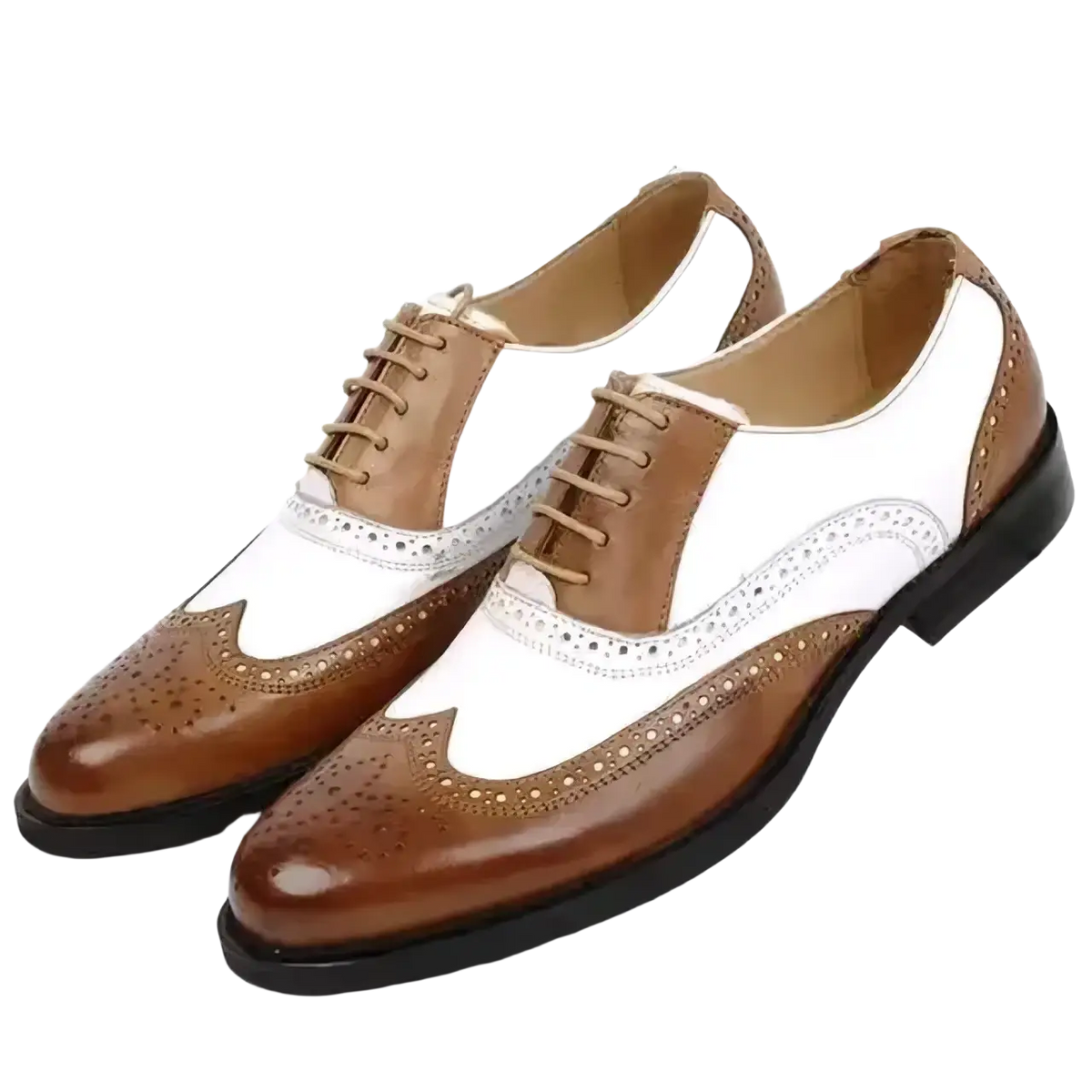 Men two-tone brogue oxford dress shoes in brown and white leather with perforated detailing for formal wear