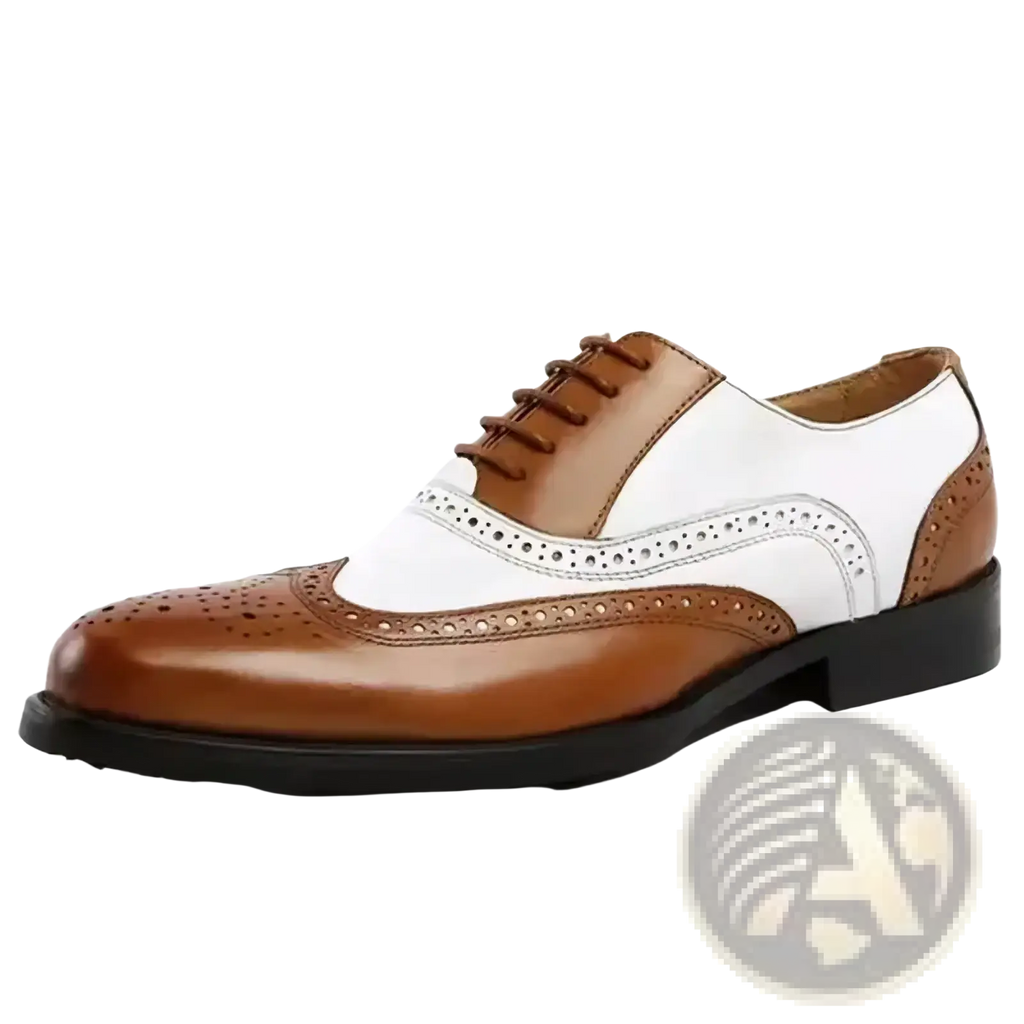 Men two-tone brogue oxford dress shoes in brown and white leather with perforated detailing for formal wear