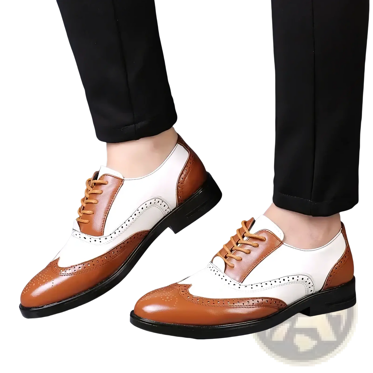 Men two-tone brogue oxford dress shoes in brown and white leather with tan laces for formal occasions